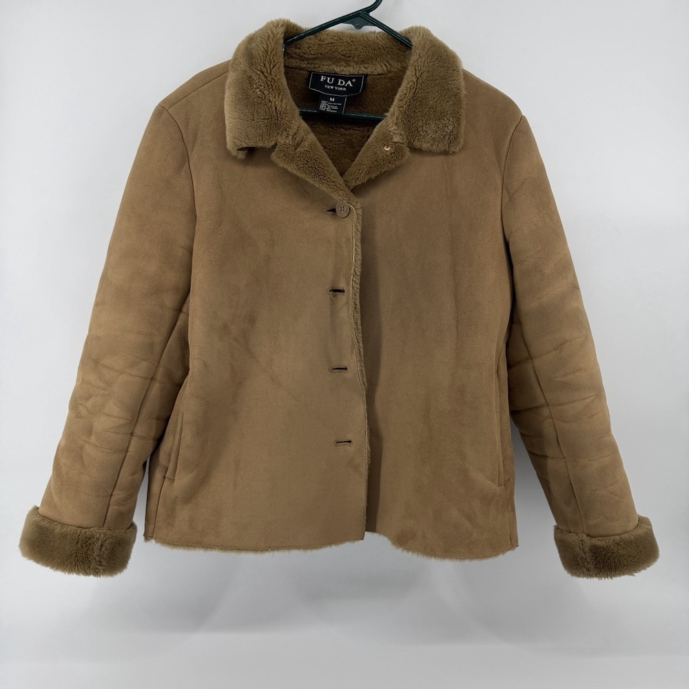 Vintage Fuda New York Womens M Brown Shearling Faux Fur Suede Coat Jacket Vegan